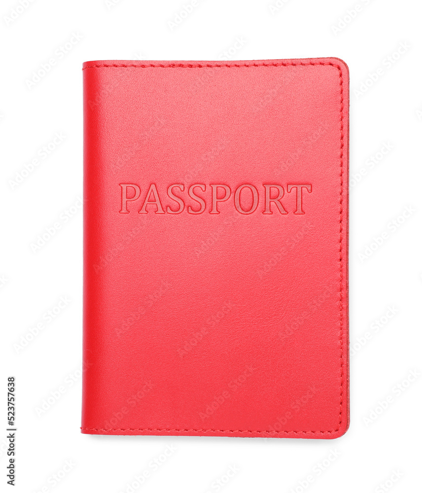 Passport in red leather case isolated on white, top view Passport in red leather case isolated on white, top view
