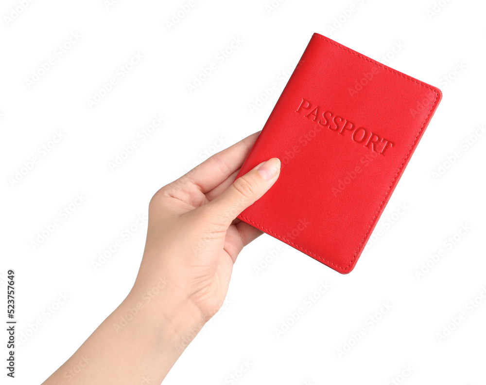 Woman holding passport in red leather case on white background, closeup Woman holding passport in red leather case on white background, closeup