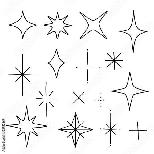 Doodle stars. Hand drawn boho line art star isolated set  black stars vector modern illustration
