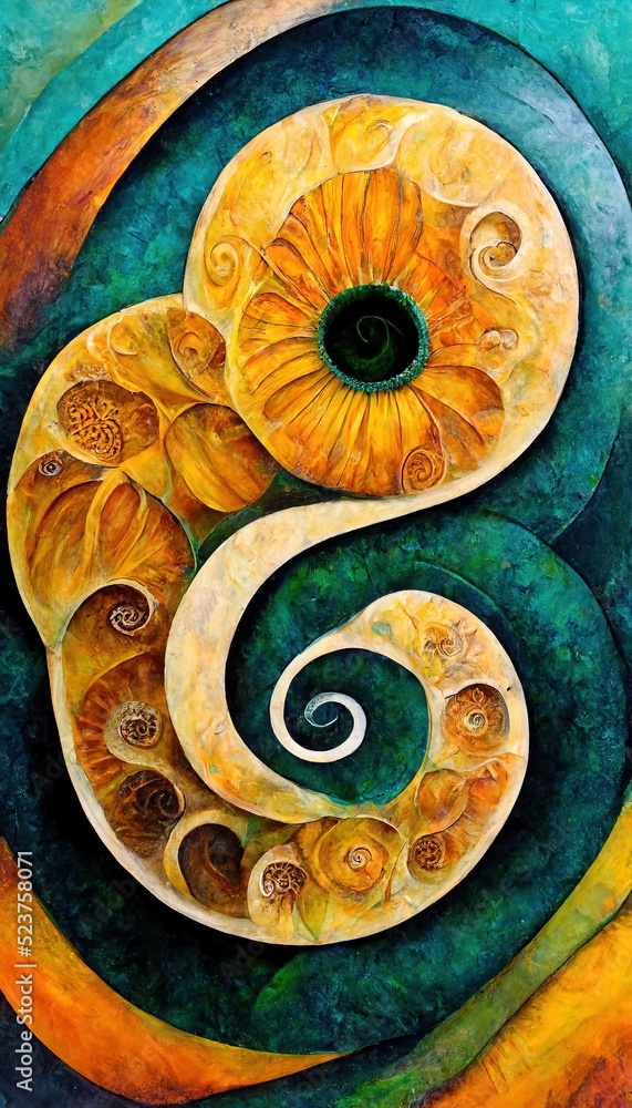 Ammonite inspired swirls combined with floral fantasy gives Intense vibrant yellow Hibiscus and cheerful sunflowers fusion in Imaginative surrealism. Idyllic tropical summer color palette digital art.