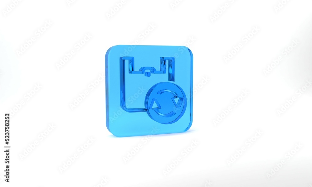 Blue Paper shopping bag with recycle icon isolated on grey background. Bag with recycling symbol. Glass square button. 3d illustration 3D render Blue Paper shopping bag with recycle icon isolated on grey background. Bag with recycling symbol. Glass square button. 3d illustration 3D render