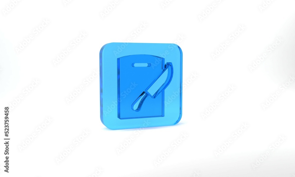 Blue Cutting board and knife icon isolated on grey background. Chopping Board symbol. Cutlery symbol. Glass square button. 3d illustration 3D render Blue Cutting board and knife icon isolated on grey background. Chopping Board symbol. Cutlery symbol. Glass square button. 3d illustration 3D render