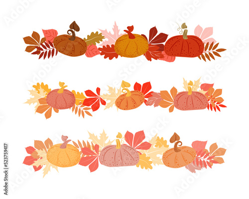 Hand-drawn boarder with pumpkins and autumn leaves. Gradient from bright colors to pastels. Autumn. Tree leaves. Vegetable decor element. Simple vector illustration.