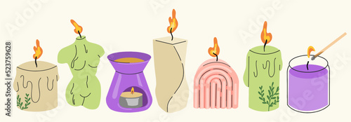 Various candles of different shapes and sizes. A pillar, a candle in a jar, a female figure, a candle arch, an aroma lamp. Decorative wax candles for relaxation and spa. Trendy hand drawn vector set.