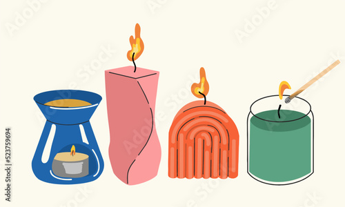 Various candles of different shapes and sizes. Pillar, candle in a jar, candle arch, aroma lamp. Decorative wax candles for relaxation and spa. Trendy hand drawn vector set.