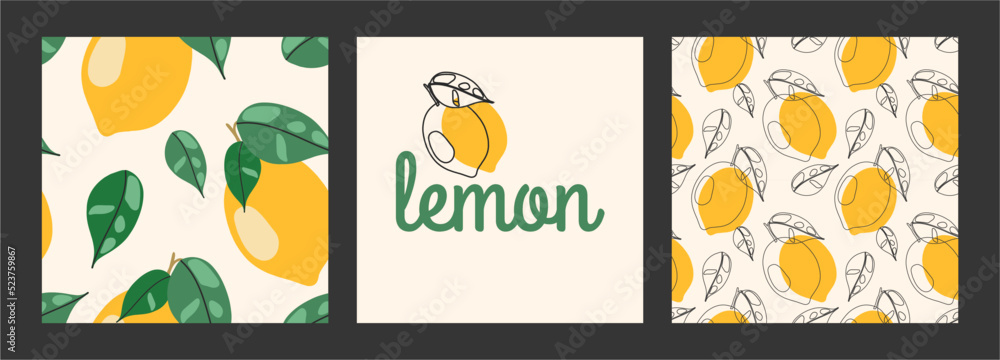 Set of cards and seamless patterns with lemons. Flat minimalist paper cut style. Bright summer background. Collage modern fabric, wallpaper, cover, interior art print.