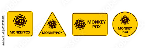 Monkey pox. A set of yellow signs warning about the monkey pox virus. Vector image.