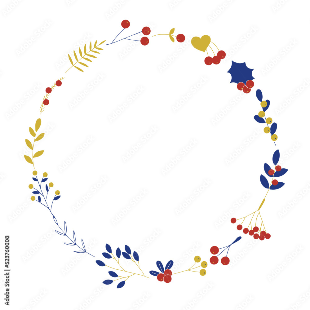 Winter and autumn forest berries and plants round frame vector illustration, hand drawing, red, gold and blue colors Winter and autumn forest berries and plants round frame vector illustration, hand drawing, red, gold and blue colors