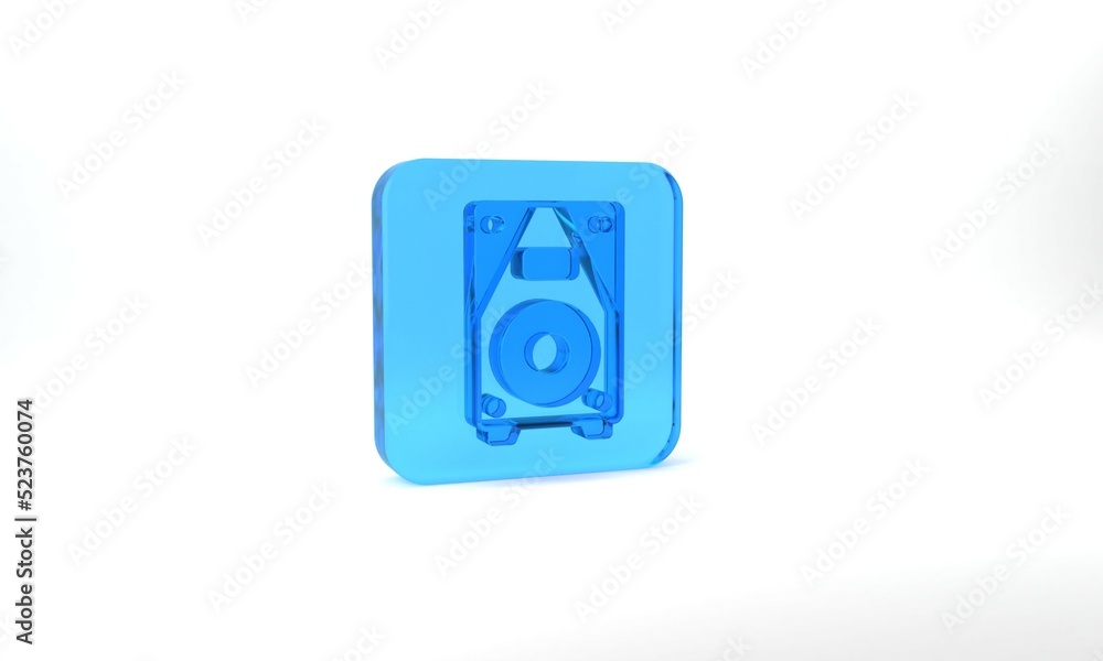 Blue Stereo speaker icon isolated on grey background. Sound system speakers. Music icon. Musical column speaker bass equipment. Glass square button. 3d illustration 3D render Blue Stereo speaker icon isolated on grey background. Sound system speakers. Music icon. Musical column speaker bass equipment. Glass square button. 3d illustration 3D render