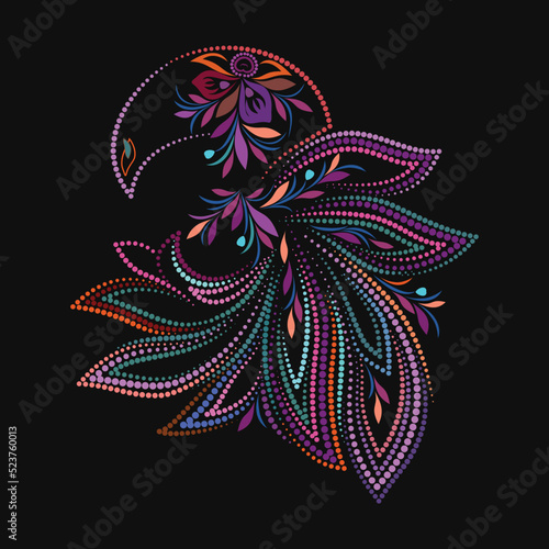 Colorful bird with beads - floral folk art dotted traditional pattern. Vector logo design.