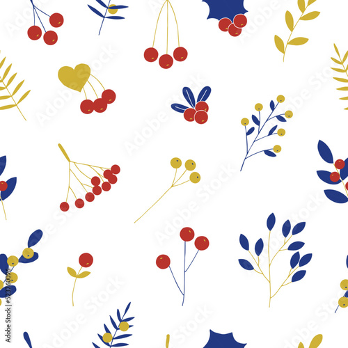 Winter and autumn forest berries and plants seamless pattern vector illustration, hand drawing, red, gold and blue colors