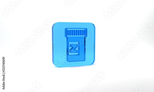 Blue Sleeping pill icon isolated on grey background. Glass square button. 3d illustration 3D render