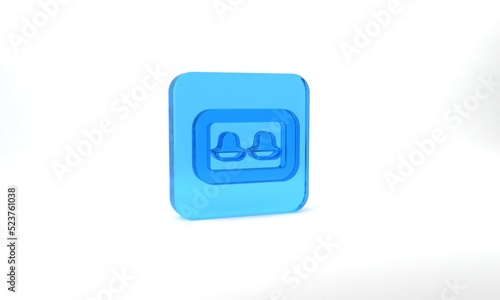 Blue Earplugs with storage box icon isolated on grey background. Ear plug sign. Noise symbol. Sleeping quality concept. Glass square button. 3d illustration 3D render
