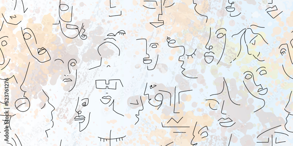 One line drawing. Abstract face seamless pattern. One line drawing. Abstract face seamless pattern.