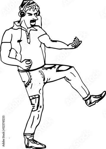 Young man listening music in headphone in dancing pose line art vector silhouette, Cartoon drawing of boy listing music and dancing, dancing man clip art, listin music symbol