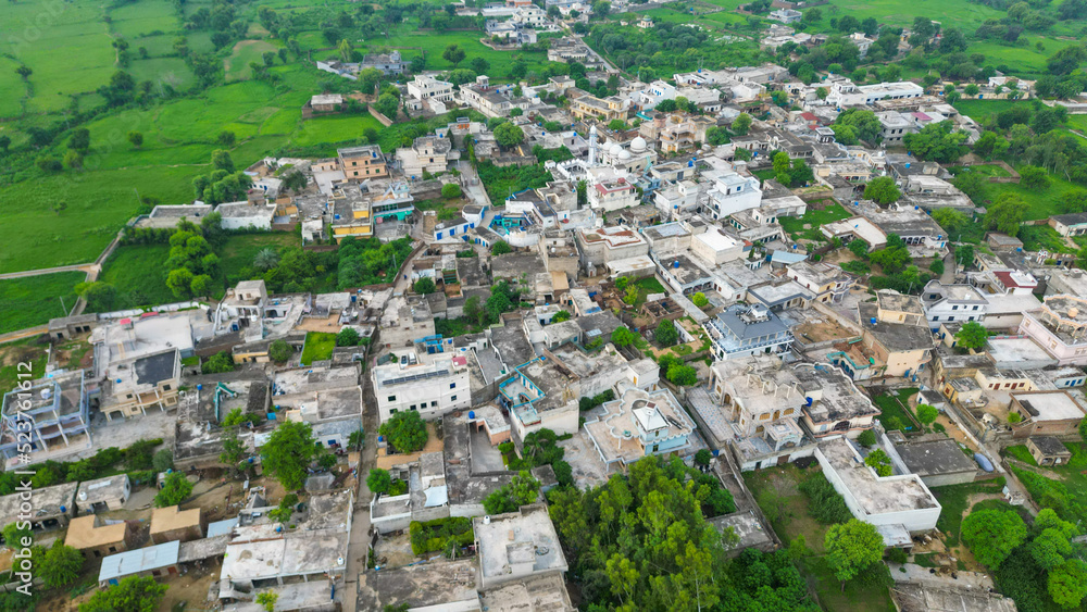 Top head view of Mirpur Azad Kashmir city shot, Buildings, houses and trafic roads, Pakistani or Indian or South Asian drone video shot