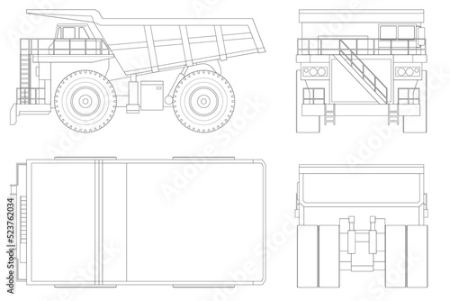 Large quarry dump truck template in outline on white background. Equipment for the high-mining industry. View front, rear, side and top. All elements in groups