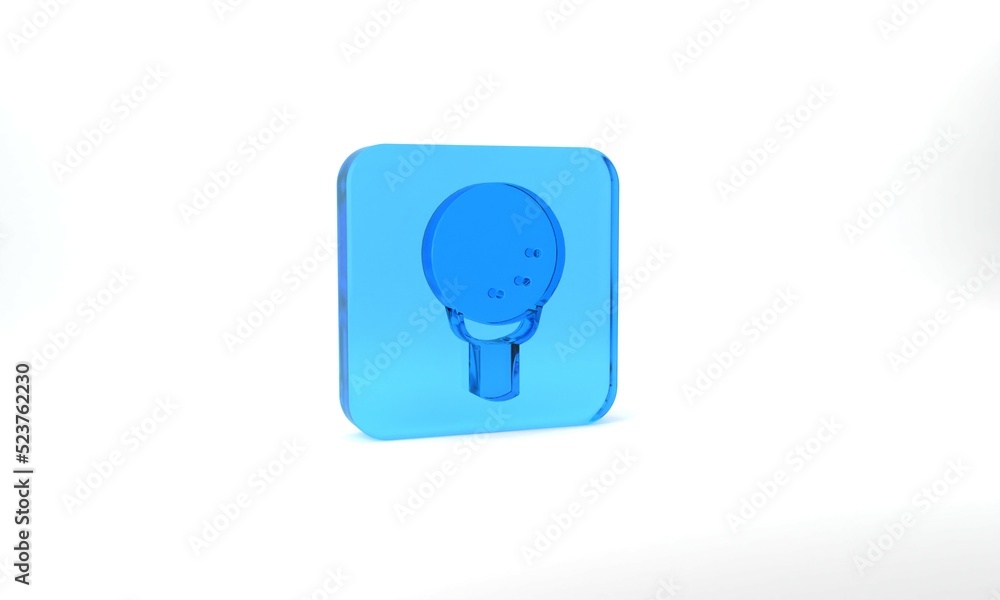 Blue Golf ball on tee icon isolated on grey background. Glass square button. 3d illustration 3D render Blue Golf ball on tee icon isolated on grey background. Glass square button. 3d illustration 3D render