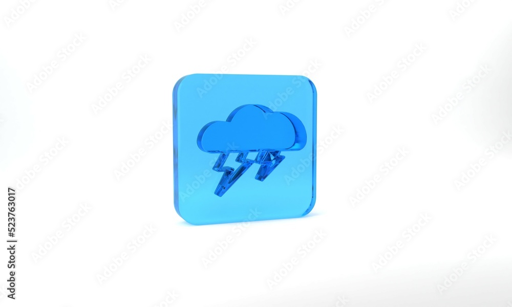 Naklejka premium Blue Storm icon isolated on grey background. Cloud and lightning sign. Weather icon of storm. Glass square button. 3d illustration 3D render