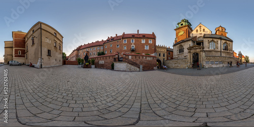  full 360 hdri panorama on main square in Wawel Castle of old town with historical buildings, temples and town hall with a lot of tourists in equirectangular projection