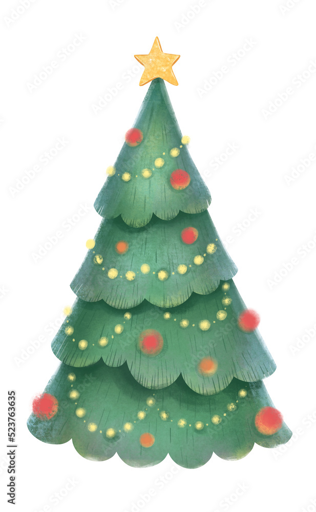 Christmas New Year Tree decorated with Christmas balls - hand painted illustration.