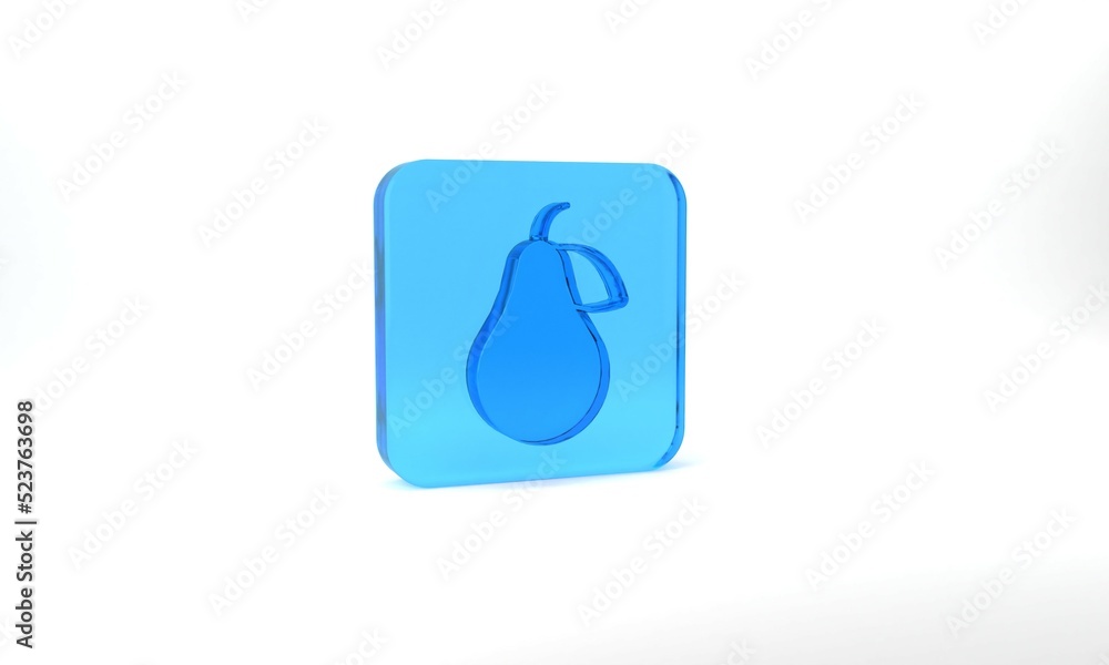 Blue Pear icon isolated on grey background. Fruit with leaf symbol. Glass square button. 3d illustration 3D render Blue Pear icon isolated on grey background. Fruit with leaf symbol. Glass square button. 3d illustration 3D render
