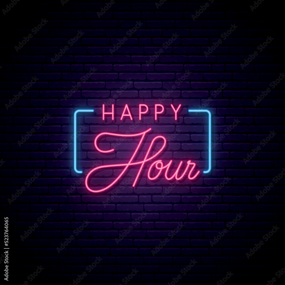 Neon Happy hour signboard. Glowing neon Happy hour inscription in a frame. Concept for stores, bars and cafe promotion. Vector illustration. Neon Happy hour signboard. Glowing neon Happy hour inscription in a frame. Concept for stores, bars and cafe promotion. Vector illustration.