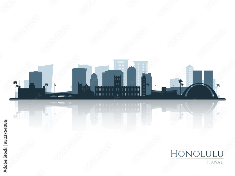 Honolulu skyline silhouette with reflection. Landscape Honolulu, Hawaii. Vector illustration.