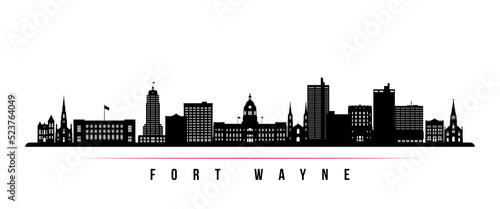 Fort Wayne skyline horizontal banner. Black and white silhouette of Fort Wayne, Indiana. Vector template for your design.