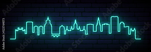 Blue neon skyline of Hartford. Bright Hartford City long banner. Vector illustration. photo