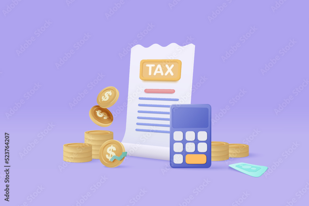 3d tax payment and business tax with money coin, calculator and tax