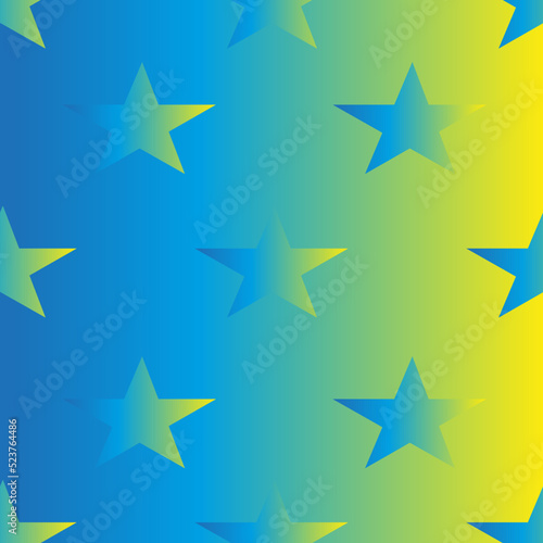 Creative seamless pattern with blue and yellow neon 3d stars like color ukrainian flag on beautiful gradient background. Christmas concept. New year wrapping paper for gift box. 