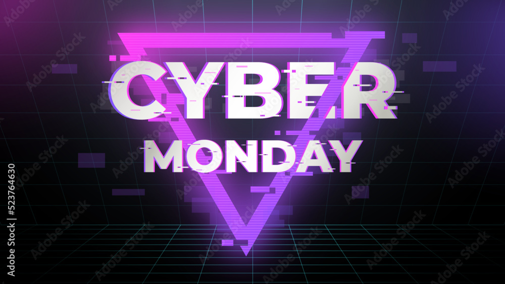 Glitch Sign Cyber Monday Sale banner for social media stories sale, web page, mobile phone. template design special offer, glowing lettering sign for online discount promotion