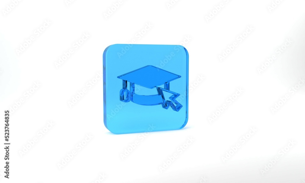 Blue Graduation cap with cursor icon isolated on grey background. World education symbol. Online learning or e-learning concept. Glass square button. 3d illustration 3D render Blue Graduation cap with cursor icon isolated on grey background. World education symbol. Online learning or e-learning concept. Glass square button. 3d illustration 3D render