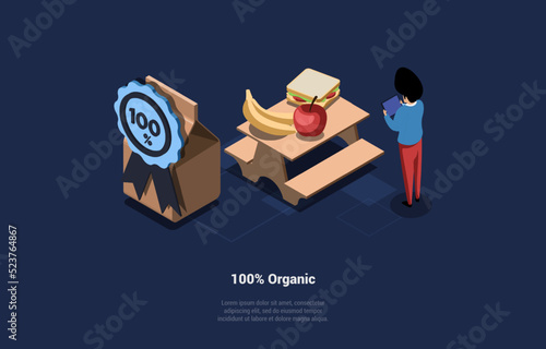 Concept Of Organic Food And Healthy Eating. 100 Percent Organic Health And Food. Character Nutritionist Planning Menu, Stand Near Apple, Bananas And Sandwich. Isometric Cartoon 3d Vector Illustration