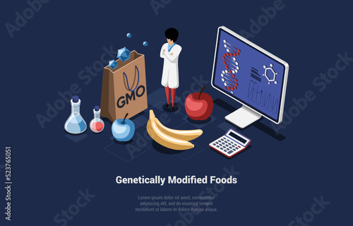Genetically Modified Foods Concept. Laboratory Scientist at Huge Genetically Modified Food and Agriculture Crop Learn GMO Food, Chemistry or Biology Science. Isometric Cartoon 3D Vector Illustration