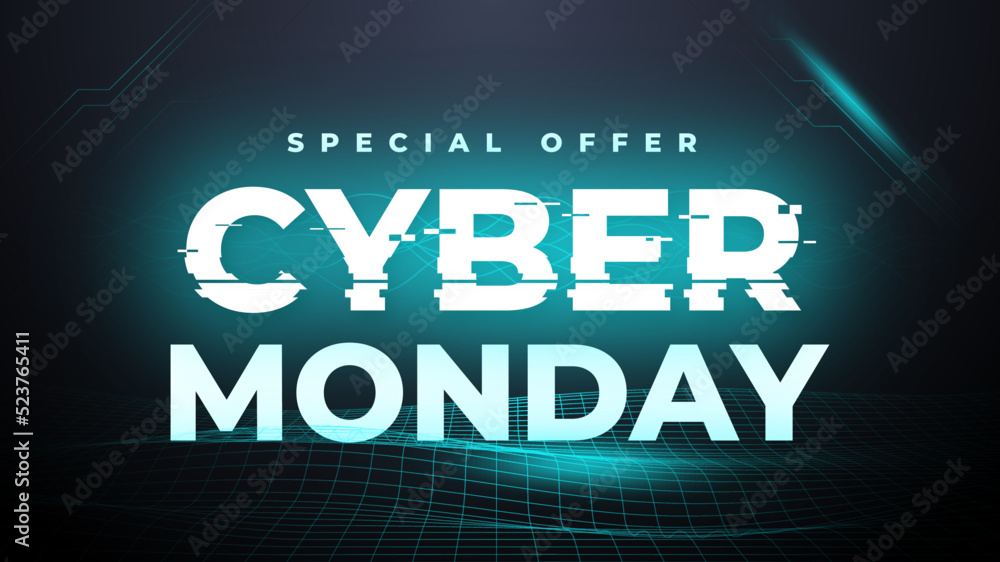 Glitch Sign Cyber Monday Sale banner for social media stories sale, web page, mobile phone. template design special offer, glowing lettering sign for online discount promotion