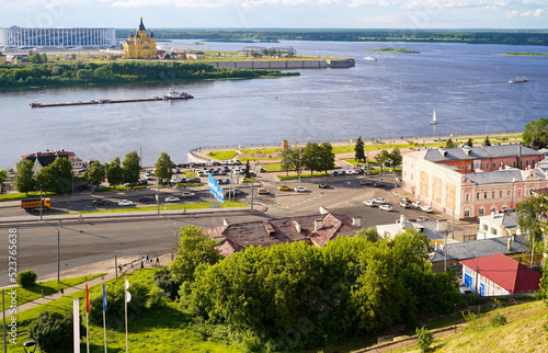 Panorama of Nizhny Novgorod. Strelka - the confluence of the Volga and Oka. View of Blagoveshchenskaya Square, Alexander Nevsky Cathedral and the new stadium