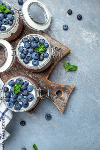 Parfait with blueberry, Delicious chocolate mousse or pudding with whipped cream. vertical image. top view. place for text