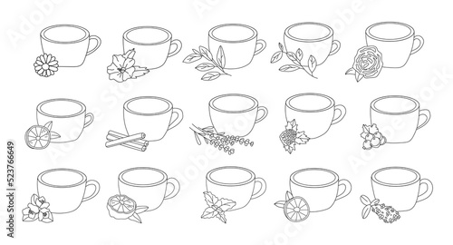 Set of tea of ​​different types.  collection of popular drink in doodle  style. Glass cups isolated on white background. BERGAMOT, LEMON, ORANGE, MINT, BERGAMOT, KARKADE, CURRANT, ROSE, LAVENDE