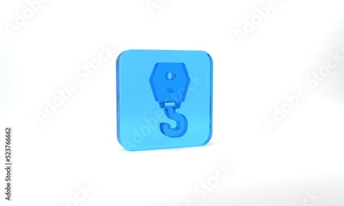 Blue Crane hook icon isolated on grey background. Industrial hook icon. Glass square button. 3d illustration 3D render