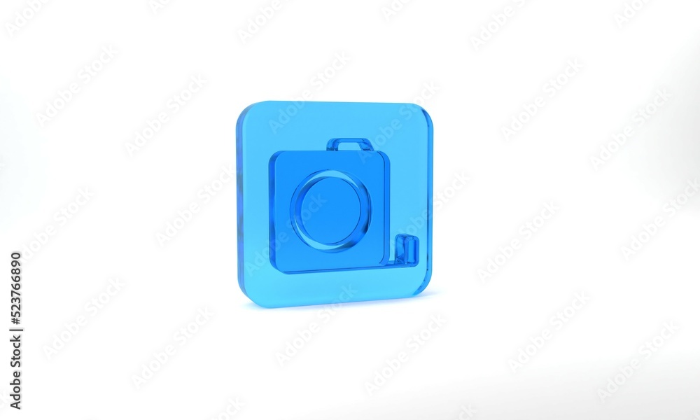 Blue Roulette construction icon isolated on grey background. Tape measure symbol. Glass square button. 3d illustration 3D render Blue Roulette construction icon isolated on grey background. Tape measure symbol. Glass square button. 3d illustration 3D render
