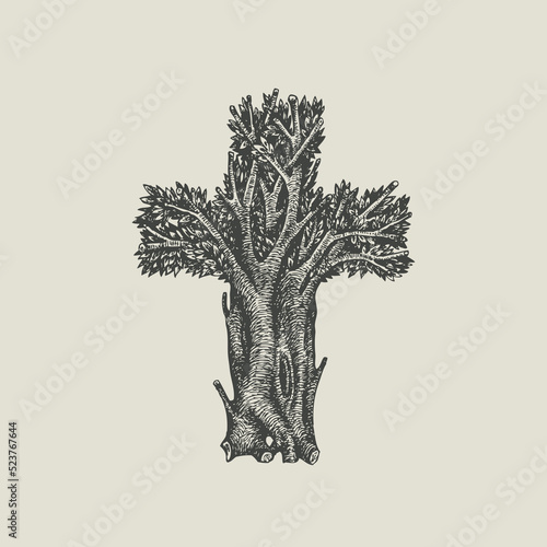 Concept of a Christian cross in the form of a tree hand drawn. Decorative tree in the shape of a cross. Vector illustration, religious sign, icon, logo, emblem, design element.