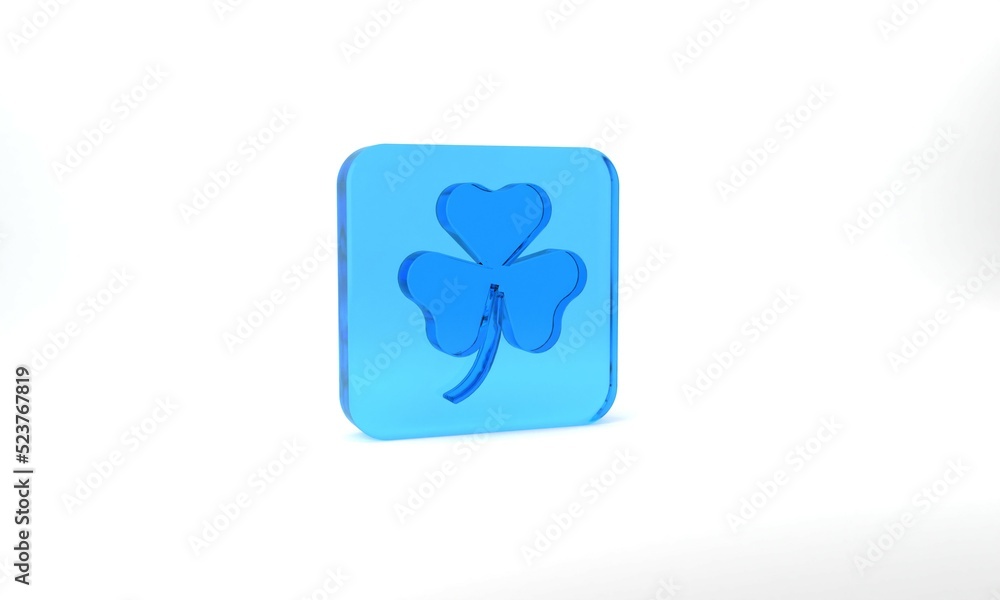 Blue Clover trefoil leaf icon isolated on grey background. Happy Saint Patricks day. National Irish holiday. Glass square button. 3d illustration 3D render Blue Clover trefoil leaf icon isolated on grey background. Happy Saint Patricks day. National Irish holiday. Glass square button. 3d illustration 3D render