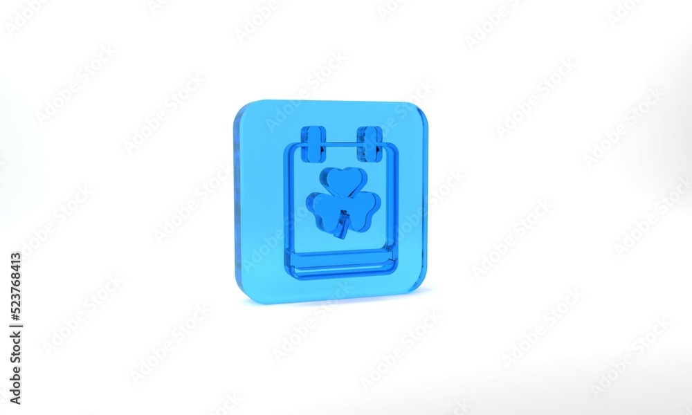 Blue Saint Patricks day with calendar icon isolated on grey background. Date 17 March. Glass square button. 3d illustration 3D render Blue Saint Patricks day with calendar icon isolated on grey background. Date 17 March. Glass square button. 3d illustration 3D render