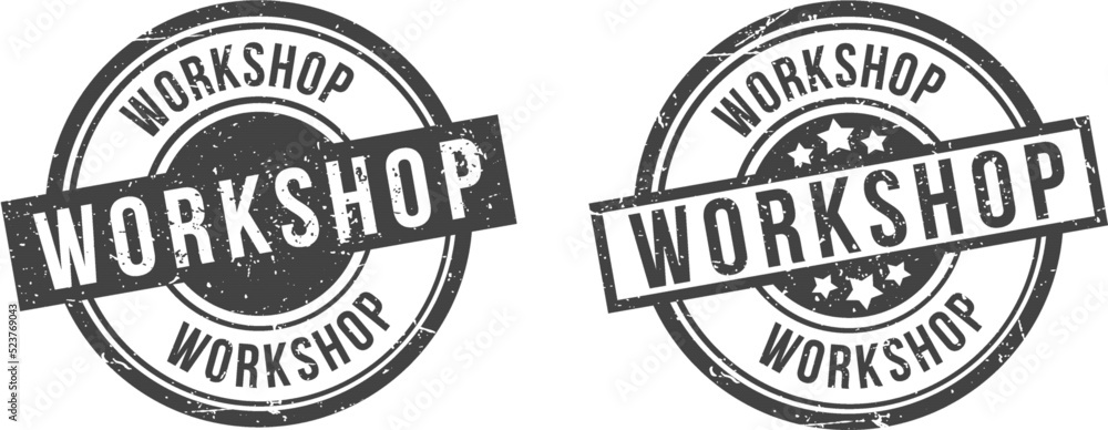 Workshop stamp. Workshop sign. Round grunge badge.