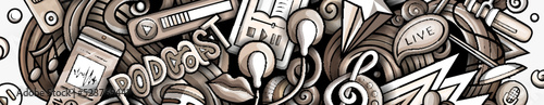 Audio Content doodle banner. Cartoon vector flyer