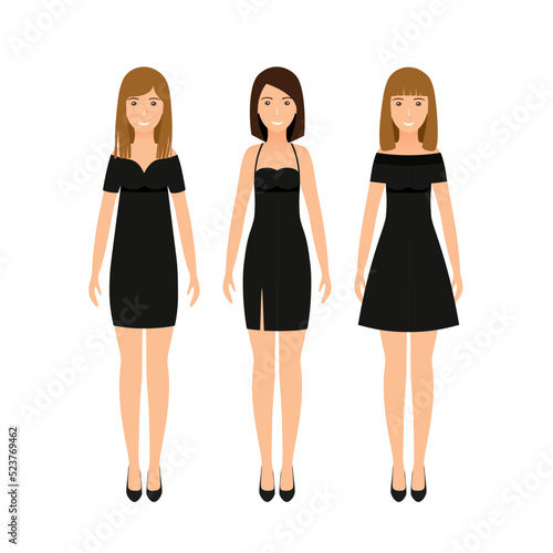 Black little dress on women. Set elegant cocktail attire. Collection girl clothing. Silhouette apparel. Clothes icon for girls isolated on a white background. Vector illustration.