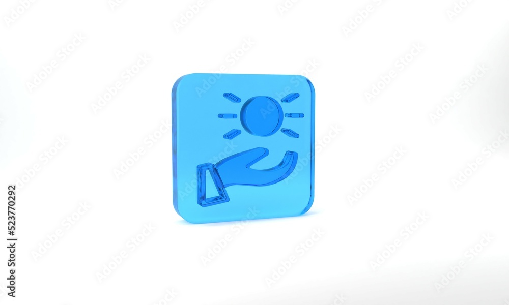 Blue Ball levitating above hand icon isolated on grey background. Levitation symbol. Glass square button. 3d illustration 3D render Blue Ball levitating above hand icon isolated on grey background. Levitation symbol. Glass square button. 3d illustration 3D render
