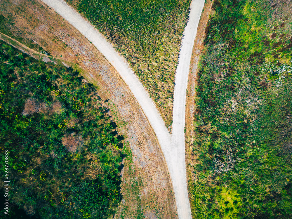Drone Point of View on Crossroads at Nature Reserve